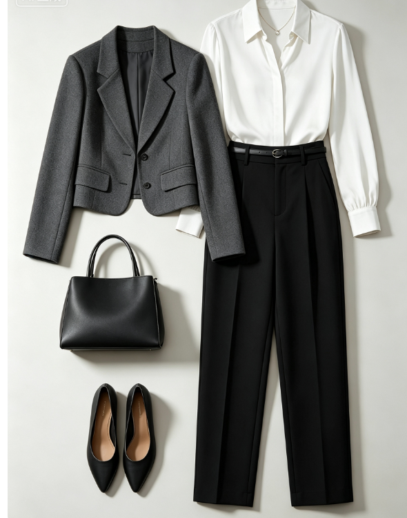 Tenue Bureau Femme 2 Pièces, Blazer et Pantalon Gris Foncé, Style Chic Formel