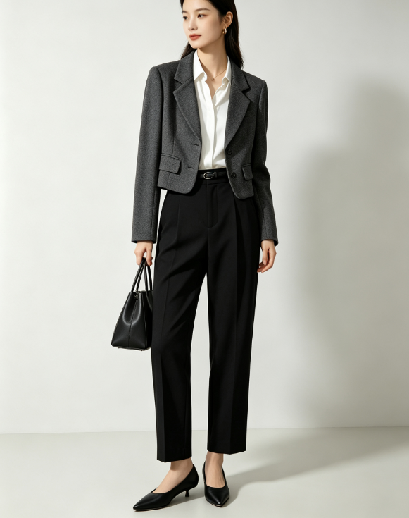Tenue Bureau Femme 2 Pièces, Blazer et Pantalon Gris Foncé, Style Chic Formel