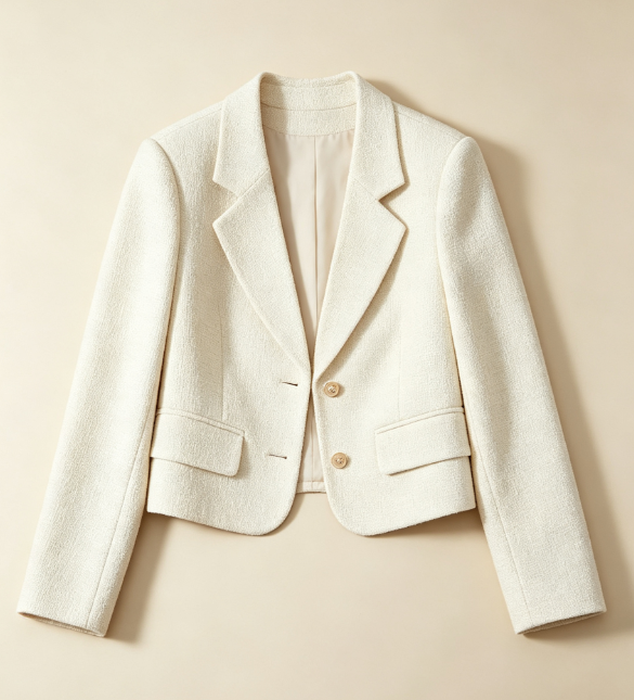 Veste blazer femme couleur crème, coupe ajustée style bureau. Tissu confortable et anti-froissage, parfait pour le travail et les occasions élégantes.