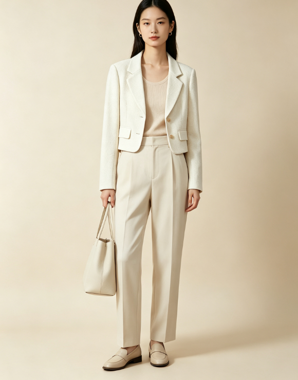 Veste blazer femme couleur crème, coupe ajustée style bureau. Tissu confortable et anti-froissage, parfait pour le travail et les occasions élégantes.
