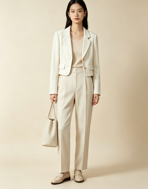 Veste blazer femme couleur crème, coupe ajustée style bureau. Tissu confortable et anti-froissage, parfait pour le travail et les occasions élégantes.